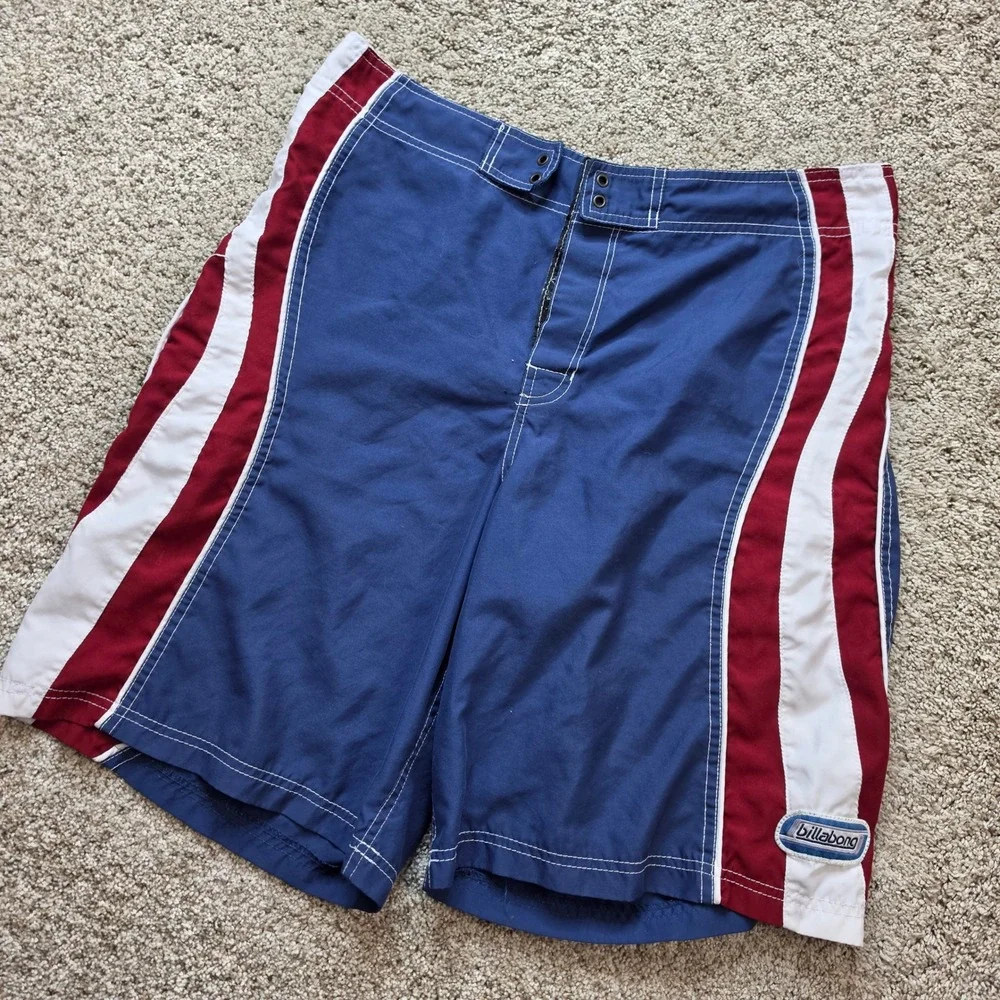 VINTAGE Billabong Board Shorts Mens 36 Blue Red White Colorblock Surf Trunks